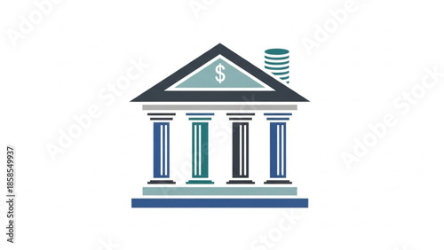 A bank building with columns and a dollar sign on the roof, illustration of financial institution