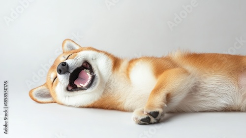 Shiba Inu puppy yawning, lying on a white surface, with a plain background, for adorable content