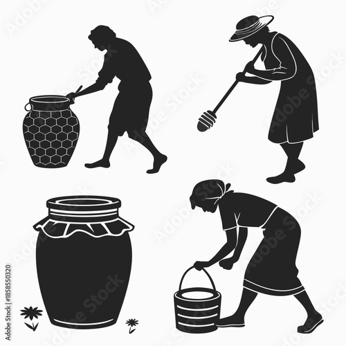 Traditional honey harvesting silhouettes