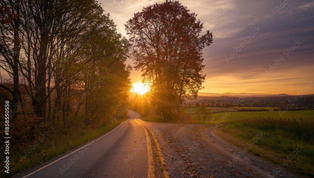 Fototapeta premium Sunset over a landscape with a traffic road, trees, and sky emphasizing fall scenery, seasonal change