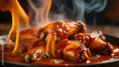 Spicy Flaming Chicken Wings Dripping in Hot Sauce and Smoke