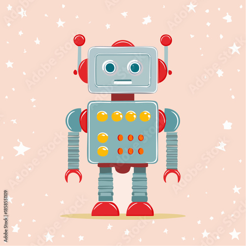 A colorful illustration of a retro robot with a square head, antennas, and buttons on its chest, standing upright.