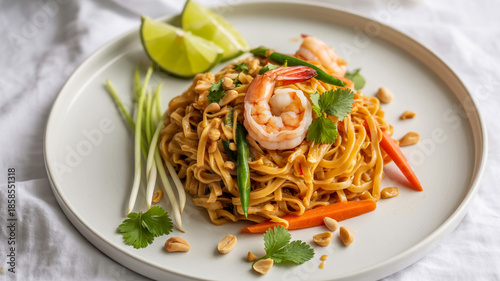 Commercial food photo of Thai shrimp noodle stir-fry, garnished with peanuts, citrus, herbs, isolated white backdrop, vivid colors, premium lighting, ultra-sharp 8k detail.