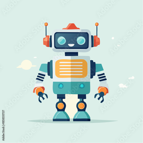 A colorful illustration of a friendly robot with antennas, designed in a flat style.