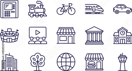 Urban Infrastructure and City Life Line Icon Set Featuring Transportation, Public Buildings, Education, Banking, Entertainment, Nature, and Global Connectivity Symbols