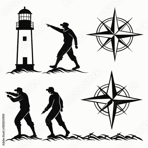 Silhouettes of sailors and compasses