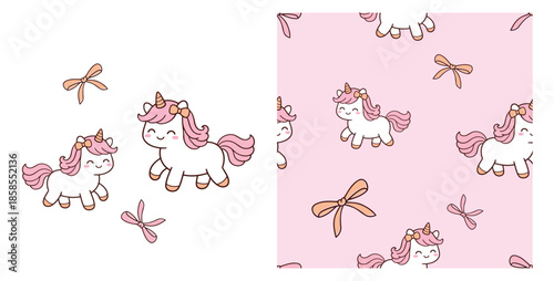 Cute unicorn illustration set with smiling characters and ribbon elements in soft pink pastel tones, including seamless pattern design for nursery decor, fabric prints, stationery.