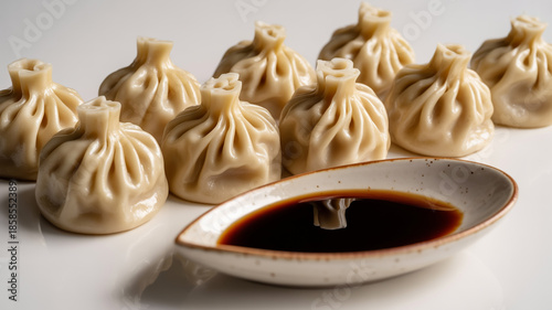 Premium steamed dumpling lineup with delicate glossy wrappers and soy dip, isolated on pure white, commercial food photography, crisp details, soft diffused lighting.