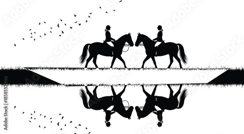 Horse riders silhouette, mirrored reflection, nature scene, black and white vector art, peaceful countryside design, birds flying, grassy path illustration, stock artwork, serene composition