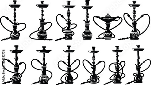 Hookah silhouette vector illustration, shisha water pipe design, traditional smoking culture art, decorative hookah collection, Middle Eastern symbol, tobacco smoking accessory graphic