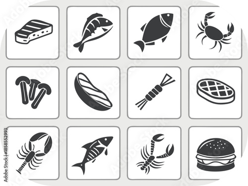Assortment of Twelve Monochrome Food and Seafood Icons steak grilled steak