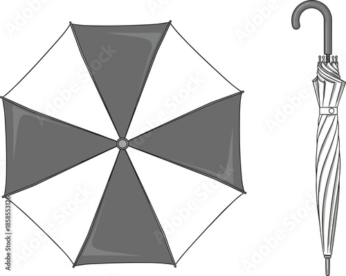 Open umbrella vector illustration, closed umbrella design, folded umbrella with curved handle, rain protection accessory, weather symbol, parasol silhouette, rainy season concept