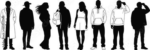 People silhouette vector illustration, diverse clothing styles casual formal fashion figures, men women standing poses artwork, black and white character design collection