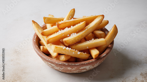 Ultra-detailed gourmet French fries in a handcrafted ceramic dish, perfectly golden and salted, isolated on clean white background, premium commercial food photography, sharp texture, realism.
