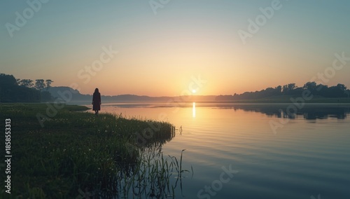 Individual strolling beside the calm estuarine waters during evening hours, capturing serene coastal scene
