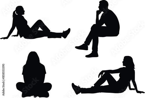 People sitting silhouette vector illustration, relaxed human poses collection, cross legged reclining thoughtful seated figures, black and white lifestyle artwork design