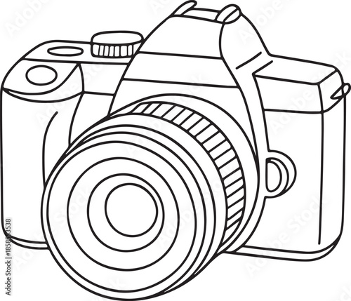 line drawing of a camera. Linear style and hand drawn photo camera.
