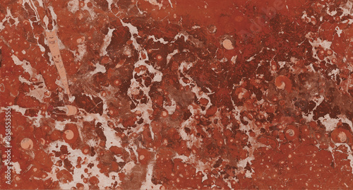 Deep red marble texture with scattered white mineral fragments, organic natural cracks, rich color depth, and bold polished stone surface ideal for luxury interiors, decorative walls.