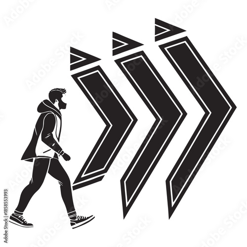 Person walking past large arrows
