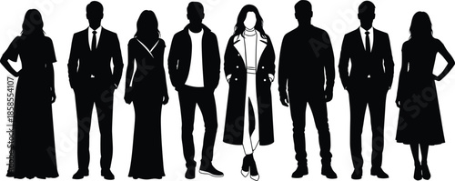 Standing people silhouette vector illustration, diverse men women fashion clothing artwork, casual and formal character design collection, black and white figure set