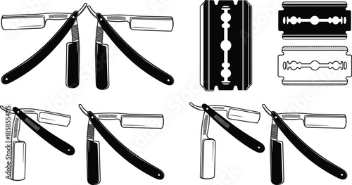 Straight razor silhouette vector illustration, grooming blade artwork collection, shaving tool design elements, barber equipment graphics, black and white grooming set