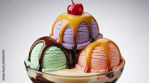 Luxury gourmet ice cream dessert featuring soft pastel scoops, rich chocolate and caramel glaze, fresh cherry topping, isolated white background, ultra-detailed realism, commercial food photography.