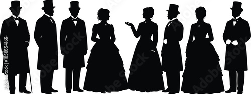 Victorian era silhouette vector illustration, men women fashion figures, historical clothing design, 19th century attire artwork, black and white character collection