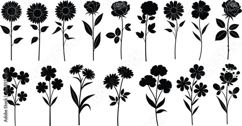 Vintage women silhouette vector illustration, retro 1950s fashion figures with dresses skirts handbags umbrellas, elegant clothing artwork, black and white character collection