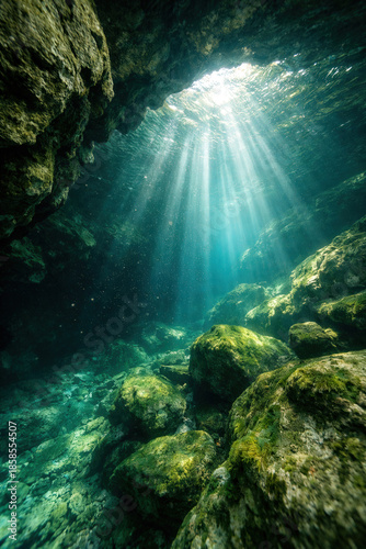 Deep Underwater Grotto With Sunlight Beams Piercing Clear Turquoise Water