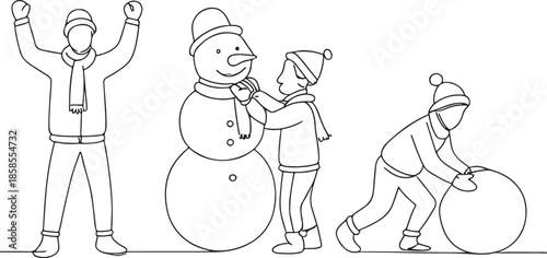  One line drawing winter activities and sport set Happy man with winter clothes