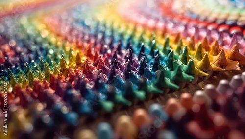 Horizontal close-up of interleaved crayons used for artistic expression, educational materials