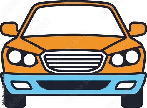 A simple illustration of an orange car with a blue bumper and headlights