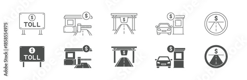  Road Toll Icons Set, Highway Payment and Booth Symbols, Road Fee Collection and Transportation Concept, Vector Illustration
