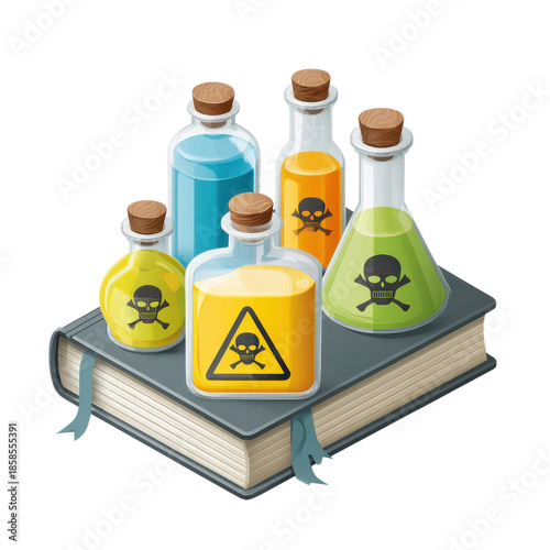 Colorful potion bottles with warnings
