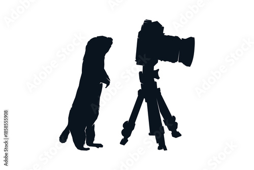 Silhouette of squirrel stand looking at the camera with tripod. Logo vector illustration