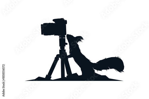 Silhouette of red squirrel standing with camera and tripod. Wild photography logo vector illustration