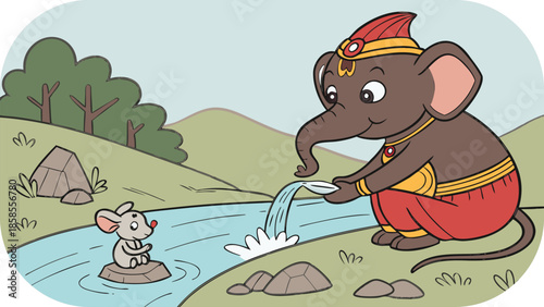 Cartoon Elephant Offering Water to a Mouse by a River illustration
