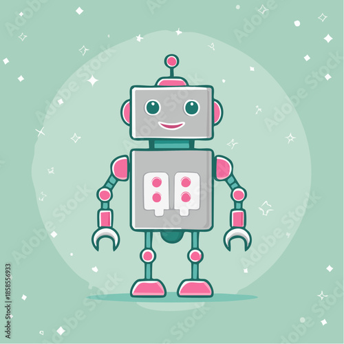 Cartoon robot with a square head and body, pink accents, and a friendly smile.