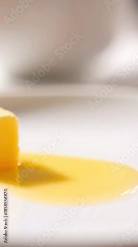 A close-up view of a yellow liquid being poured onto a white plate