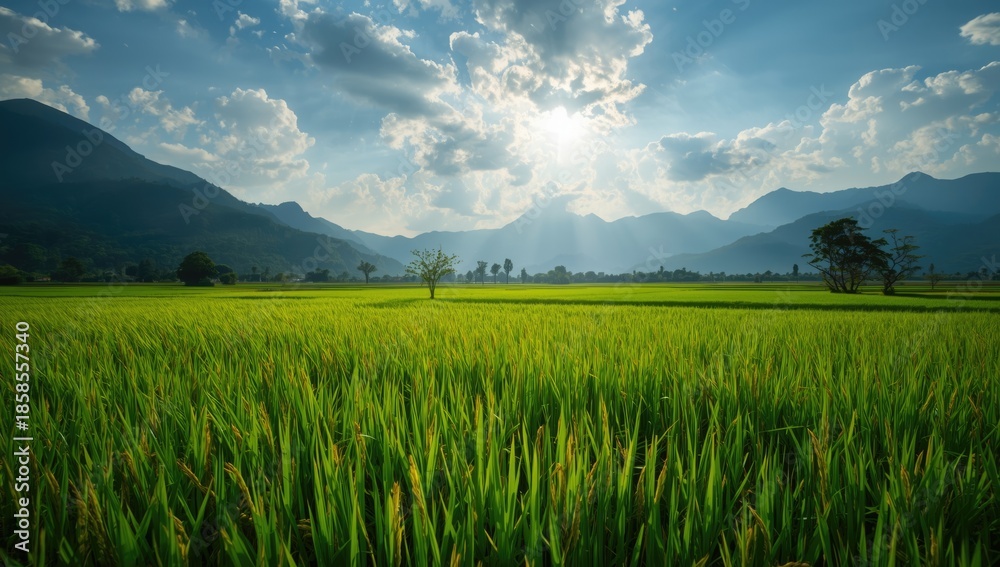 Fototapeta premium Serene agricultural scene featuring a vibrant rice field set against forested mountains in summer