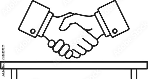 Line art icon of a business handshake over a table or counter