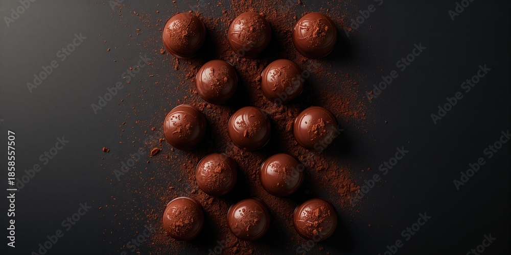 Obraz premium Black background with spherical truffle confections arranged for visual appeal and packaging design, food textures and presentation