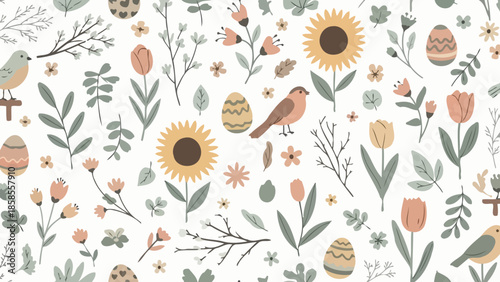 A charming seamless pattern featuring whimsical Easter eggs, delicate wildflowers, and cute birds perched on branches, rendered in a soft, pastel color palette.