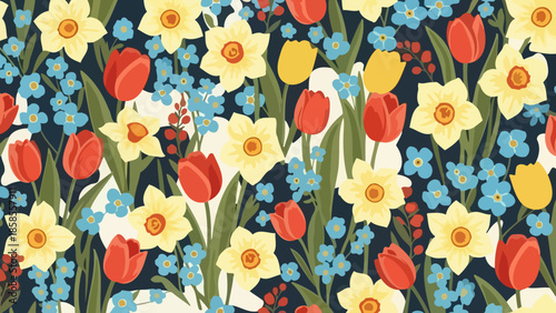 A vibrant and detailed illustration of a dense floral arrangement featuring blooming daffodils, red tulips, and delicate blue forget-me-nots against a dark navy background.