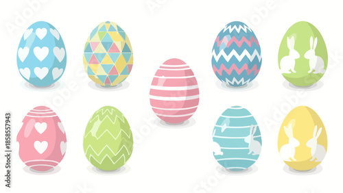 A collection of ten vibrantly decorated Easter eggs with various patterns and motifs, including hearts, geometric shapes, stripes, and bunny silhouettes.