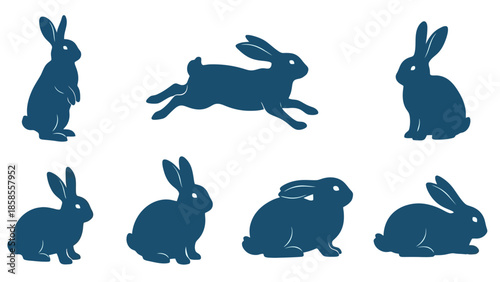 A collection of seven dark blue silhouette illustrations of rabbits in various poses, including standing, sitting, and running.