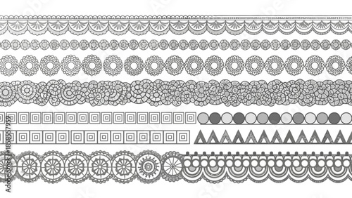 Collection of intricate, decorative borders and dividers featuring geometric patterns, circular motifs, and scalloped edges.