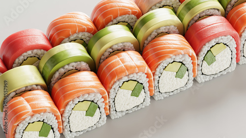 Premium sushi platter featuring salmon nigiri and avocado rolls on pure white backdrop, hyper-realistic textures, vibrant natural color, soft studio light, ultra-high-resolution.