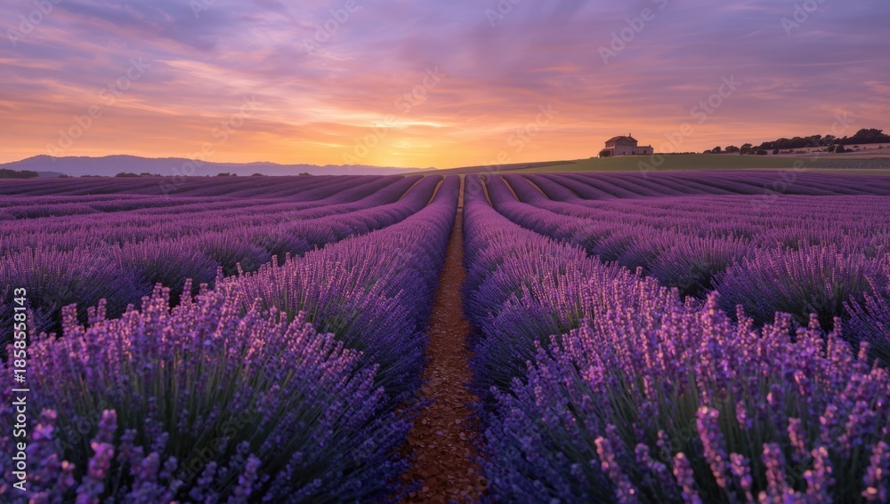 Obraz premium Scenic panoramic view of blooming lavender and violet flowers during sunset in Provence, France