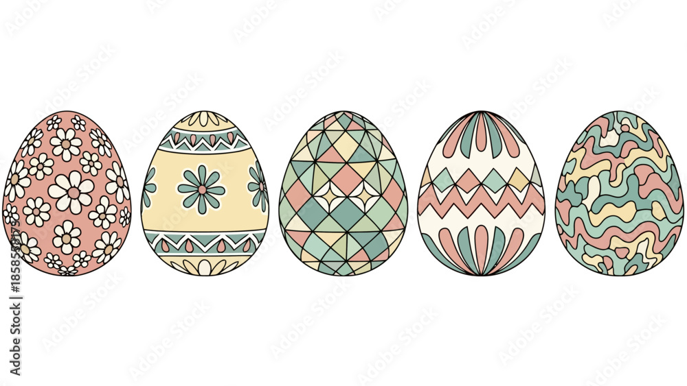 Fototapeta premium A collection of five intricately decorated Easter eggs, each featuring unique patterns and pastel color palettes, displayed in a horizontal line against a white background.